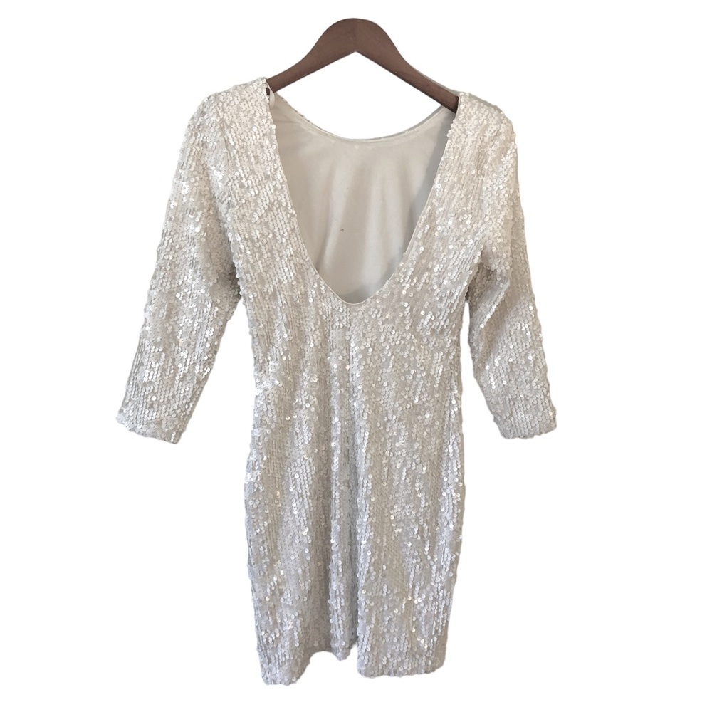 Laura White Pearl Sequin Dress -  long sleeve - v-neck or crewneck- Size 4 small